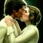 Placeholder: carrie fisher kissing harrison ford, pale skin, waist up portrait, intricate, oil on canvas, masterpiece, expert, insanely detailed, 4k resolution, retroanime style, circular reflective eyes, cinematic smooth, intricate detail , soft smooth lighting, soft pastel colors, painted Renaissance style