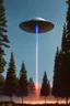 Placeholder: year is 1966 (a bunch of school kids) see ufo flying over tall pine trees, concept art, by Asaf Hanuka, by Weta Digital, Electric Colors, Screen Space Global Illumination, in a symbolic and meaningful style, 3 lights underneath ufo