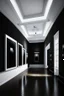 Placeholder: Reception with black walls, a white floor, hidden or rich lighting, and it is suitable for a museum