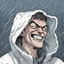 Placeholder: a closeup of a psychopathic young man with white eyes in a heavy coat and hood during a rainstorm laughing cartoon