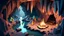 Placeholder: fantasy environment view from above, a cave interior view from inside, dark and gloomy mood, a small cave water stream is flowing though the cave, there are a couple of stalactites growing from the ground, a campfire lightens a small part of the cave on the left blocky 3D low poly cartoon render style