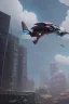 Placeholder: A flying car being drived by a robot between buildings in future city.