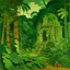 Placeholder: Dark green ruins in a jungle painted by Paul Ranson