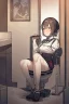 Placeholder: anime girl sitting on the toilet, struggling.