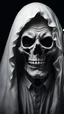 Placeholder: Scary ghost grandfather in a white mantle with a face like a skull on a black background