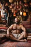 Placeholder: half figure photography of a burly beefy muscular strong 39-year-old arab in Istanbul bazaar, ajar mouth, shirtless, short beard, bald, selling carpets sitting on a pile of carpets, biig shoulders, manly chest, very hairy, side light, view from the ground