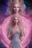 Placeholder: Create an image of a full body cosmic Goddess. The goddess should be depicted as a beautiful and powerful figure, surrounded by cosmic stars. Her hair should be long, blond and flowing, and she should be dressed in a flowing gown blue celestial robe. In the background, include imagery of pink flowers, blue sky,trees. The image should evoke a sense of joy, celebration, and spiritual connection to nature.