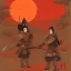 Placeholder: human Samurai Japanese Ukiyo-e, red sun in the background, walking in the mountains