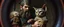 Placeholder: pin hole camera picture, master oil painting by Rembrandt, fantasy orc soldier holding and petting a big ugly vampire cat gremlin