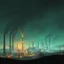 Placeholder: en framtidsvision med industri, robotar och en överhypad storstad, neon och rök, smog från stora industrier i bakgrunden som ryker från skorstenar, öde landskap, dystopi, simon stålenhag style