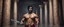 Placeholder: Hyper Realistic shirtless muscular handsome short black hair Indian King holding sword in a huge dark hallway with traditional pillars