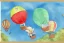 Placeholder: postcard with watercolor of a hot air balloon, children's book illustration, peter rabbit, giftwrap pattern