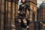 Placeholder: full-body-art of a woman with a bob with a fringe hairstyle, Cleopatra clothing, black knee-high boots, steampunk city background