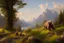 Placeholder: Peder Monk Monsted style, bear in the middle, in a distance mountains summer