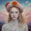 Placeholder: Surreal painting of elle fanning and lily cole, crochet hat, , the sky in the background