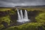 Placeholder: waterfall in Iceland at night, with northern light and green grass