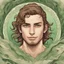 Placeholder: a brown-haired mermaid guy with green eyes in a lake with green tattoos on his neck and cheeks