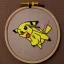 Placeholder: exquisite pikachu in embroidery hoop, intricate, highly detailed, linen and wood backdrop