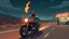 Placeholder: The kebab man driving fast on his holy motorcycle, fire from the exhaust, holy widescreen picture, holy empty road on the holy country at night, comic style, no helmet and he have a long holy black beard, neon kebab signs along the road, jesus stand at his market stand selling holy kebabs, simon stålenhag style, pixel art