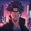 Placeholder: "Create a cinematic anime-style portrait of a determined young man with sharp eyes, an enigmatic half-smile, and a windswept hairstyle, set against a backdrop of a dystopian city at dusk, the neon lights reflecting subtly in his gaze."