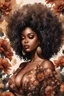 Placeholder: Create an watercolor image of a curvy black female wearing a brown off the shoudler blouse and she is looking down with Prominent makeup. Highly detailed tightly curly black afro. Background of large brown and black flowers surrounding her