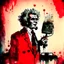 Placeholder: Profound watercolor and ink illustration, double exposure of old wild dark bushy-haired shabby ill-fitting suit wearing radio broadcaster with crepey mottled skin speaking into an old-time radio microphone and sinister mixing board red LED color bar graphs, Dramatic, creepy, oddball masterpiece, sfumato, complex contrast, dynamic composition,