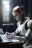 Placeholder: generate a front cover representation of Ai photo realistic attractive female humanoid bot writing a book at a desk