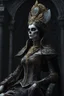 Placeholder: a beautiful skeleton woman dressed in a queens attire, queen of the underworld, intricate, detailed, . sideway pose, living dead, morbid, unholy, a living dead, fantasy, extremely intricate, cinematic, hyper realistic, hyper detailed, cinematic, absurdnes, 4k, 8k, UHD, HDR, octane render, unreal engine