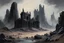 Placeholder: water painting of a dark creepy fantasy mausoleum ruins in the distance on top of a very large barren rocky hill with black obsidian pillars