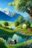 Placeholder: countryside, morning, sun, mountains, green, flowers, cows, clear sky, river, apple tree, basket, sky, grass