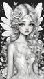 Placeholder: black and white, coloring drawing, line art, white background, beautiful fairy with cute hair and eyes, wings, rose petals, crystals and diamond dress, sparkles and flowers and butterflies background