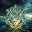 Placeholder: Dynamic hypnotic fractal 3D Pyramids pentagonal Symmetry and morphing between organic and geometric forms , smooth translucent iridescent glass with inner glow and bubbles, varied transparent materials, stormy skies, intense dramatic