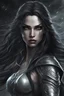 Placeholder: A female elf with skin the color of storm clouds, deep grey, stands ready for battle. Her long black hair flows behind her like a shadow, while her eyes gleam with a fierce shiny silver light . Despite the grim set of her mouth, there's a undeniable beauty in her fierce countenance. She's been in a fight, evidenced by the ragged state of her leather armor and the red cape that's seen better days, edges frayed and torn. In her hands, she grips two swords