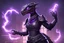 Placeholder: a cute, black and purple, female argonian artificer who uses Tesla coils, skinny, wearing little armor, in her lab