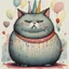 Placeholder: fat pouting fluffy cat celebrating birthday, fine color ink illustration, by Gary Baseman and Shaun Tan, colorful, adorable, interesting, maximal, splash art