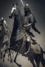 Placeholder: A full-body Arab warrior, raising his sword upwards, and riding his horse, who stands proudly in front of a group of Arab army, a dark background, a black horse, and dressed as an Arab warrior. Complex details, realistic, vivid image, cinematic atmosphere, dynamic shot.