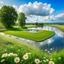 Placeholder: a big dance platform with decor mane in country side in center of picture ,green field ,flowers , small river,blue sky pretty clouds ,camera looking at horison