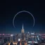 Placeholder: a city scape with skyscapers in a bdarkblue stary sky at background ,with a huge vertiacal ring structure like a lens zoom on midle-city