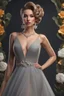 Placeholder: full body woman, from Russian Federation , elegant dress, elegant curled hair , 19 years old ,earring, nice make up,8k, Candid avant garde portrait, charming woman, wearing Lovely Flower Diamond Pendant, octane render 3d, plastic material