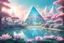 Placeholder: a futuristic city in soft and bright and intens pastel tones, trees around a square and only one crystal pyramid that reflect the sun. Flowering shrubs are in the foreground. A turquoise lake in the center with lotus flowers. There are iridescent particles of light in the sky, very fine rays of light in blue and white colors.in the distance small forest, lots of fine details, extremely sweet sharp details, gentle, sweet ,and spiritual atmosphere, cinematic, color grading, editorial photography,