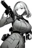 Placeholder: military girl takes out pistol, greyscale