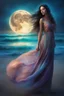 Placeholder: Creëer een mooie realistische Fantasie art, mooie vrouw, standing on the beach in a long dress, long dark hair,, soft lighting, vibrant colors, ethereal, dreamlike, nature-inspired, romantic, whimsical, fantasy art, peaceful, enchanting, surreal, atmospheric, natural elements, moonlight filtering