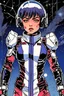 Placeholder: 90s old school anime illustration, sci fi, portrait of a tough female space Captain girl, beautiful symmetrical face, Androgynous, pixie style haircut, sparkling or glittering black hair, pixie cut, blood splattered on her scared, rattled and shook face, space uniform is tattered and ripped with dripping blood, as if she just escaped torture, depraved art, junji ito style, pulp science fiction aesthetic, rotoscoping, violent background and undertone, space battle, feminist art, japanese horror