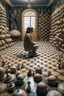 Placeholder: small man inside huge sea shells and on the floor is a huge chess board