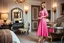 Placeholder: very beautiful lady with beautiful pink midi skirt and blouse standing in a luxury bedroom with high heels next to makeup desk looking to camera