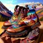 Placeholder: brown moutain shoes, art, acrilyc colors, bright, masterpiece, realistic