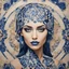 Placeholder: abstract editorial image, woman portrait, portuguese azulejos tiles pattern, mixed media, futuristic