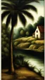 Placeholder: image related to house in the wood by a river bank. Palm Tree on the river bank, Bruegel painting style