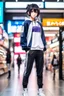 Placeholder: a full body anime in sports wear standing in shopping center