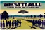 Placeholder: bumper sticker design, westall in bold heading text, ufo 1966, lots of school children looking up in a field, mysterious cool, bold
